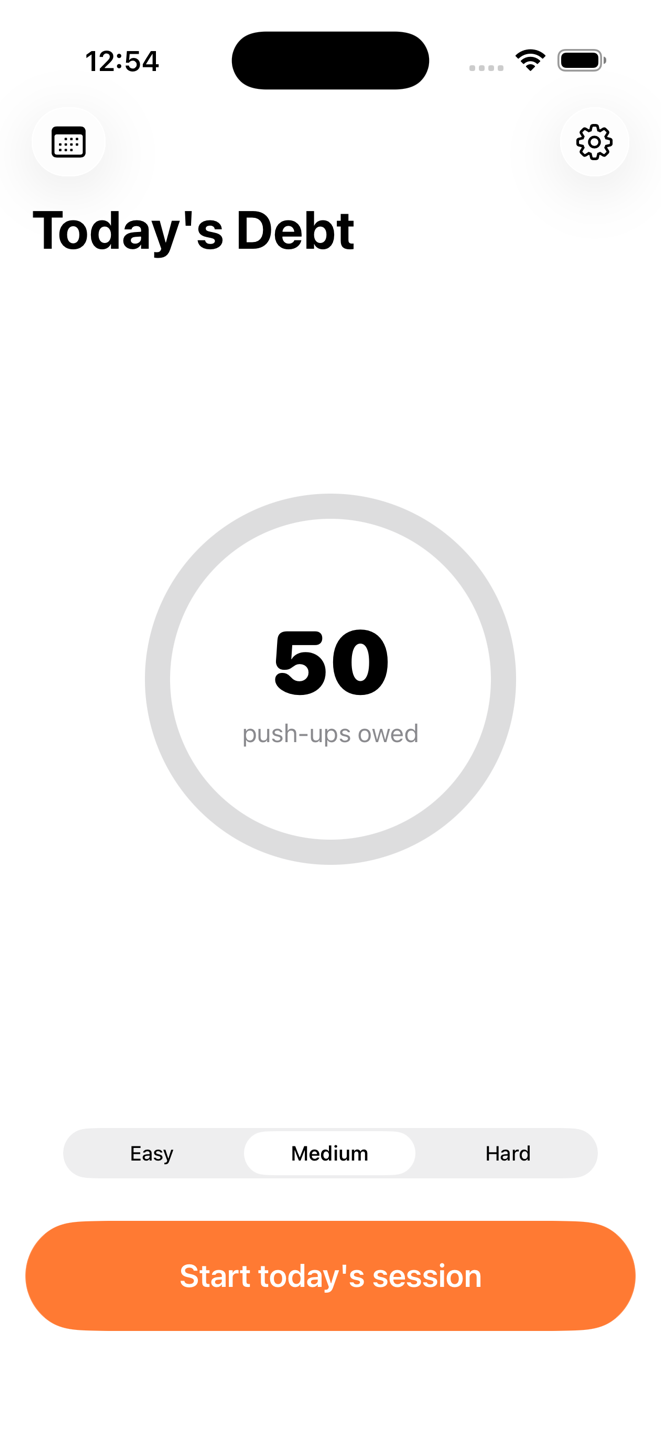 DropTen's home screen: a debt ring showing push-ups owed today, difficulty picker, and a start button