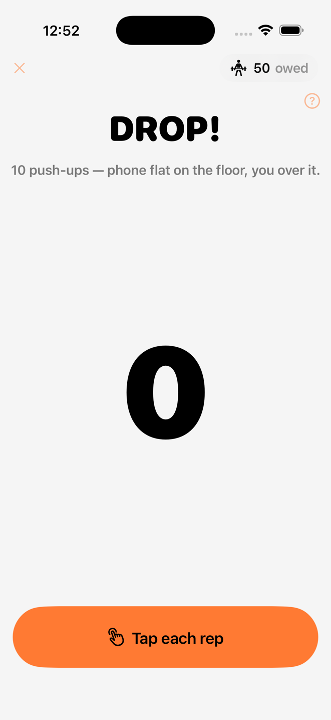 DropTen's penalty screen: DROP! headline, a large rep counter with a depth gauge, and a live camera viewfinder
