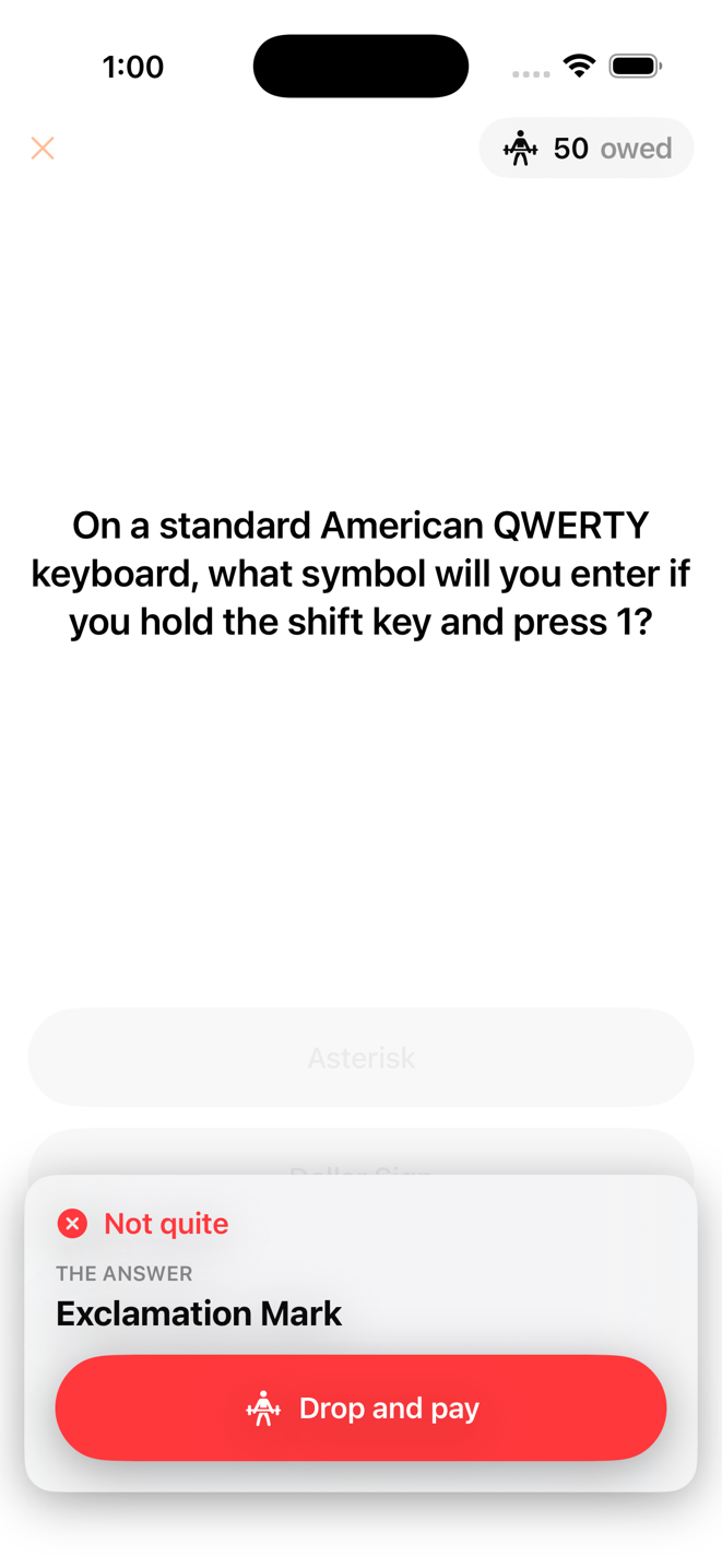 The wrong-answer reveal: 'Not quite', the correct answer shown large, and a Drop and pay button